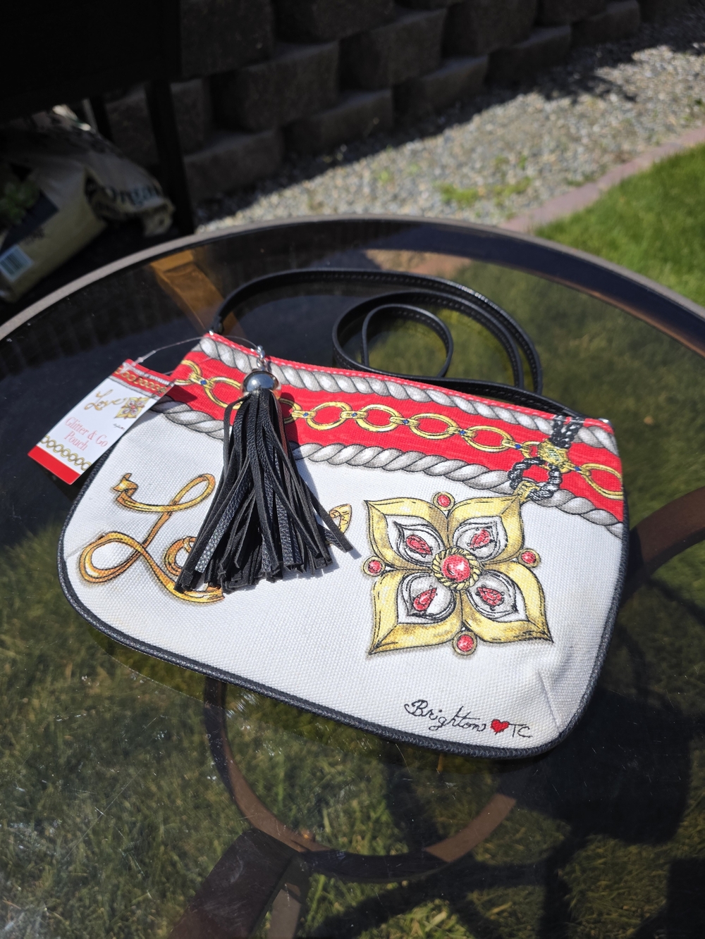 NWT Brighton Glitter & Go Pouch Crossbody Bag White Red Canvas Tassel